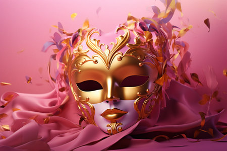 Golden carnival mask on a pink backgroundの素材