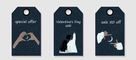Vector set of discount price tags. Labels with Hands show heart on moonlit night. Valentine's day sale.のイラスト素材