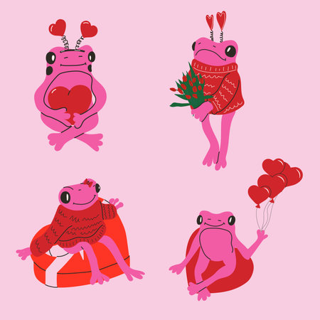 Set of Cute frog with valentines decorations. Vector illustration.のイラスト素材