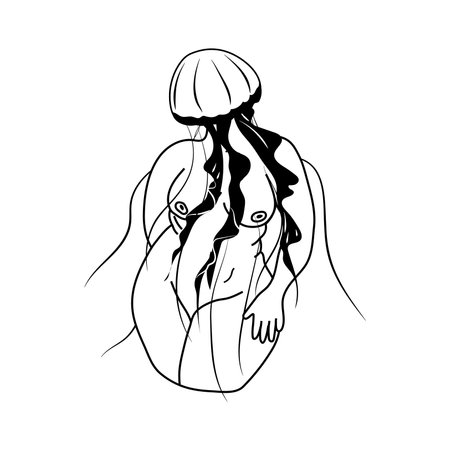 Naked woman body with jellyfish. Vector fashion illustration.Body Positiveのイラスト素材