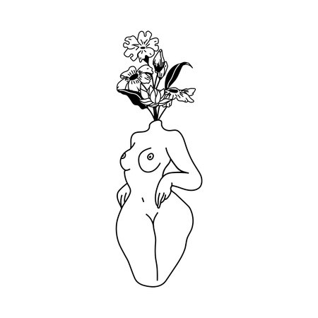 Naked woman body with flowers and leaves. Vector fashion illustration.Body Positiveのイラスト素材