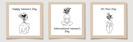 International Women's Day. A set of greeting cards with Naked woman body with flowers and leaves.のイラスト素材