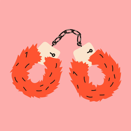 Red fur fluffy handcuffs, adult bdsm sex shop toy.のイラスト素材