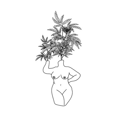 Naked woman body with bush of the plant hemp. Vector fashion illustration.Body Positiveのイラスト素材