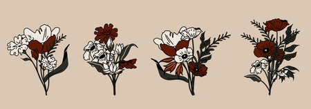 Set of Colorful of Bouquets. Trendy botanical elements. Wild flowers and leavesのイラスト素材