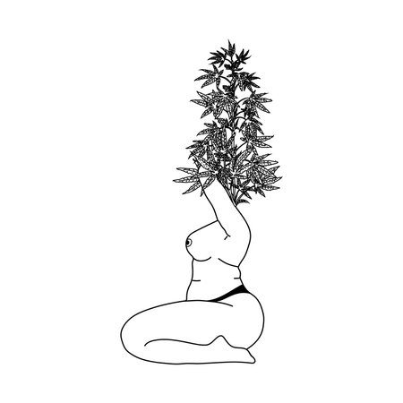 Naked woman body with bush of the plant hemp. Vector fashion illustration.Body Positiveのイラスト素材