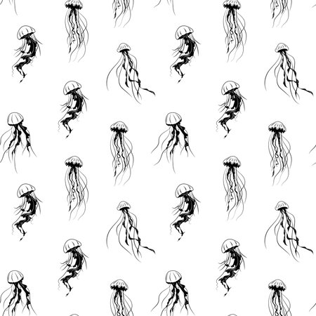 Seamless pattern Line art one line jellyfish for decoration design. Black line vector illustration on white backgroundのイラスト素材