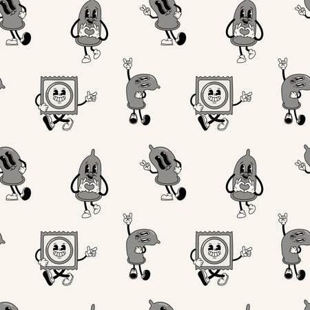 Seamless pattern with Black and white retro condom mascot character. 40s, 50s, 60s old animation style. Safe sex, birth control and contraception conceptのイラスト素材
