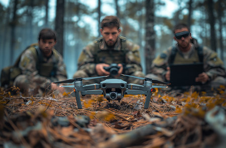 Close Up of military men holding a droneの素材