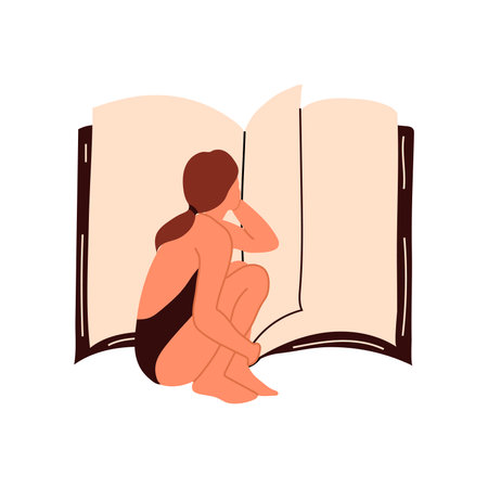 Woman reading a book. Read more book concept. Literature fans or lovers.のイラスト素材