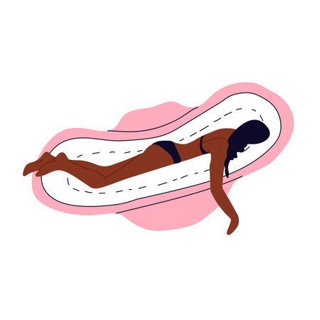 A woman is lying on a sanitary pad. Girl having menstrual period, menstruation, premenstrual syndrome, PMS, female reproductive system.のイラスト素材