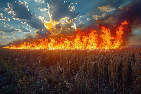 Burning crops in Ukrainian agriculture fieldsの素材