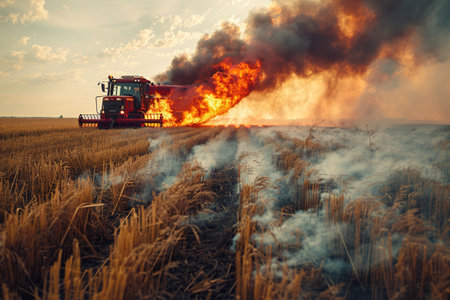 Burning crops in Ukrainian agriculture fieldsの素材