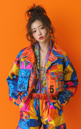Asian girl kpop idol on an orange background. Vertical illustrationの素材
