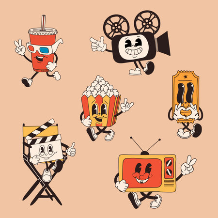 Cartoon cinema set, figure, reminiscent of classic animations from the 60s and 70s, featuring amusing characters.のイラスト素材