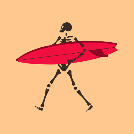 Funny Skeleton with surfboard. Cute character Skeleton Bonesのイラスト素材