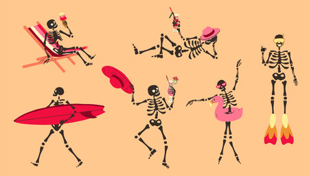 Set of Funny Skeletons on vacation on the beach. Cute character Skeleton Bonesのイラスト素材