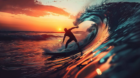 A surfer riding a wave at sunsetの素材