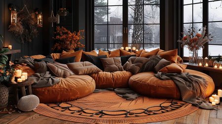 A living room with orange and black furniture. Snow outside the windowの素材