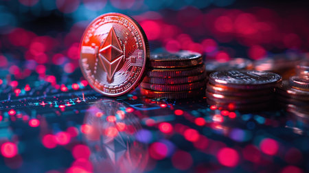 Golden Ethereum on the background of the stock marketの素材