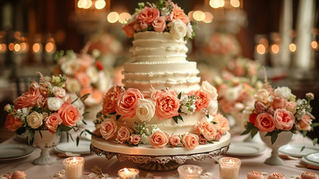 A wedding cake with peach roses and candlesの素材