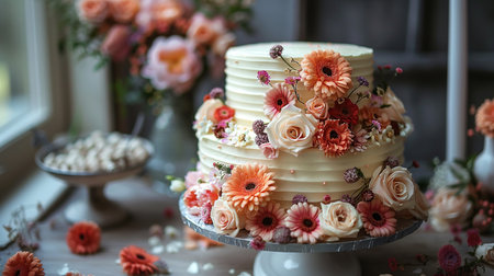 A wedding cake with peach roses and candlesの素材