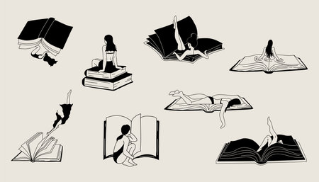 Set of Women reading a book. Read more book concept. Literature fans or lovers.のイラスト素材