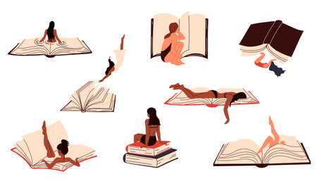 Set of Women reading a book. Read more book concept. Literature fans or lovers.のイラスト素材