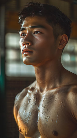 a shirtless man standing in front of a windowの素材