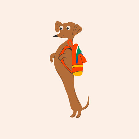 Back to school. Dachshund dog ready for school with school stationery. Funny cartoon character. Category Creaturesのイラスト素材