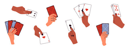 Set of Hands holding playing cards. Gambling, betting, casino and poker concept.のイラスト素材