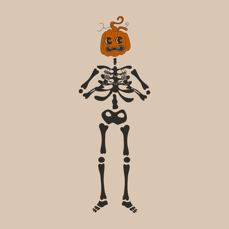 Funny Skeleton with a pumpkin head. Cute character Skeleton Bonesのイラスト素材