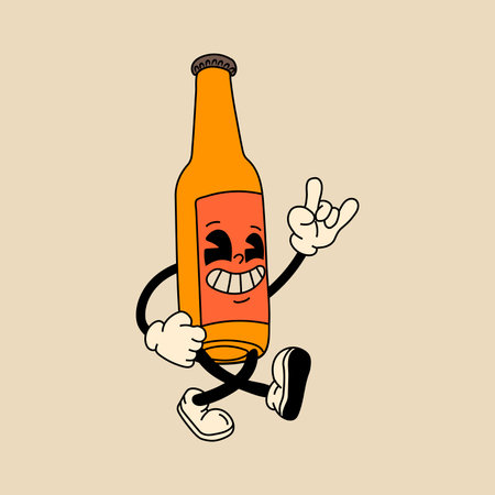 Retro glass bottle of beer mascot character. 40s, 50s, 60s old animation style. Oktoberfest mascotのイラスト素材