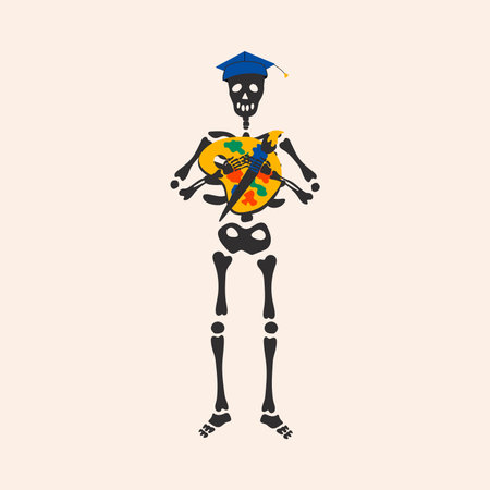 Back to school. Funny Skeleton ready for school with school stationery. Cute character Skeleton Bonesのイラスト素材