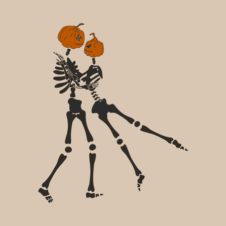 Funny Skeleton with a pumpkin head. Cute character Skeleton Bonesのイラスト素材