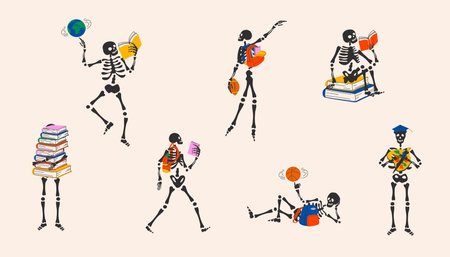 Set of Back to school. Funny Skeleton ready for school with school stationery. Cute character Skeleton Bonesのイラスト素材