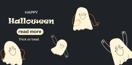 Web page design template. Ghosts with face emotions, hands and legs. Vector illustration for poster, banner, website development. Cute funny charactersのイラスト素材