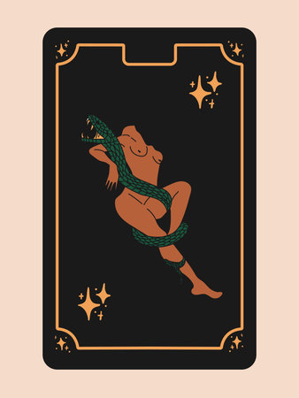 Tarot card with woman with a snake wrapped around her bodyのイラスト素材