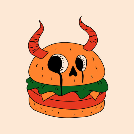 Cute Cartoon burger character with horns. Halloween foodのイラスト素材