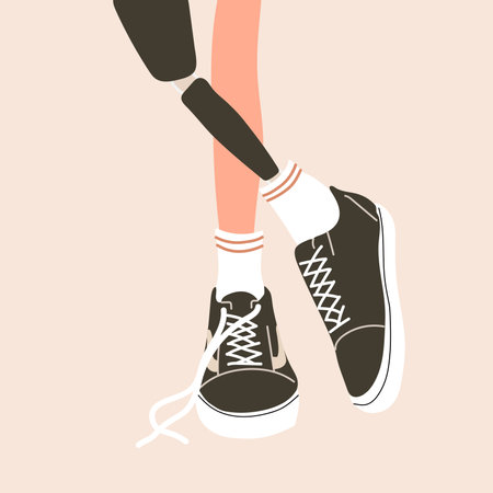 Female legs, including a prosthetic leg, are styled with sneakers and lace socks in a retro fashionのイラスト素材