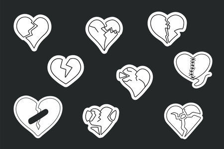 Set of stickers featuring a one line drawing of a broken heart symbolのイラスト素材