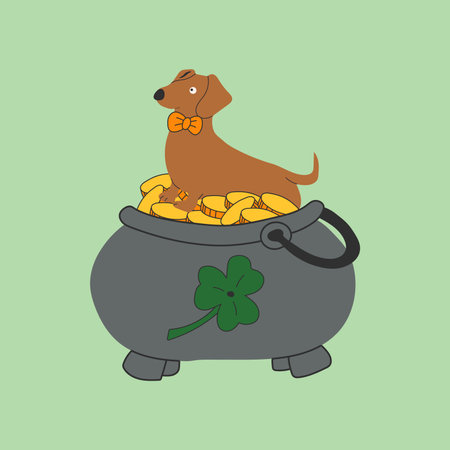 Set of dachshund dogs wearing costumes for St. Patrick's day. A cartoon dog sitting in a pot of goldのイラスト素材