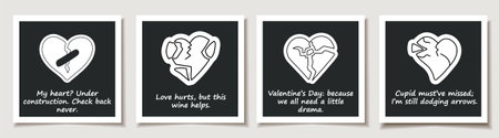 Set of Valentine's day cards. Stickers featuring a one line drawing of a broken heart symbol. Sarcastic captionsのイラスト素材