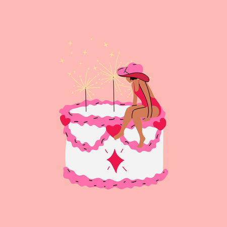 A woman sitting on top of a pink cake. Party timeのイラスト素材