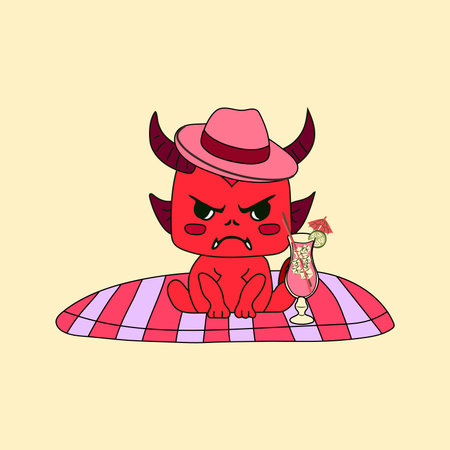 Cartoon devil sitting on a beach towel, relaxing with a cocktail and enjoying a fun and mischievous summer dayのイラスト素材