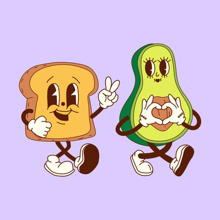 Retro cute avocado and toast cartoon characters, a fun and charming concept of the perfect breakfast...