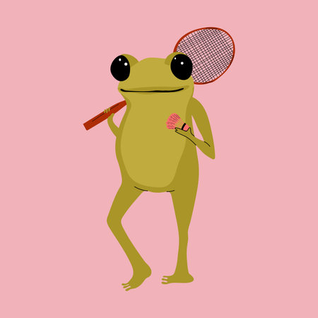 Cute cartoon frog character standing with badminton racket and shuttlecock in hand, playful pose and colorful designのイラスト素材