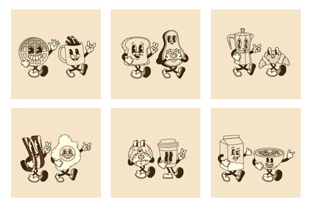 Groovy Breakfast Duo Characters in Retro Styleのイラスト素材