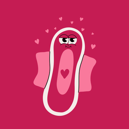 Smiling Sanitary Pad Cartoon. Body Positive Design with Heartsのイラスト素材