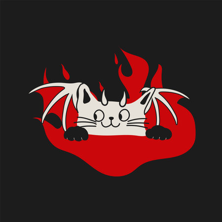 Gothic Cat Demon with Bat Wings and Fire
